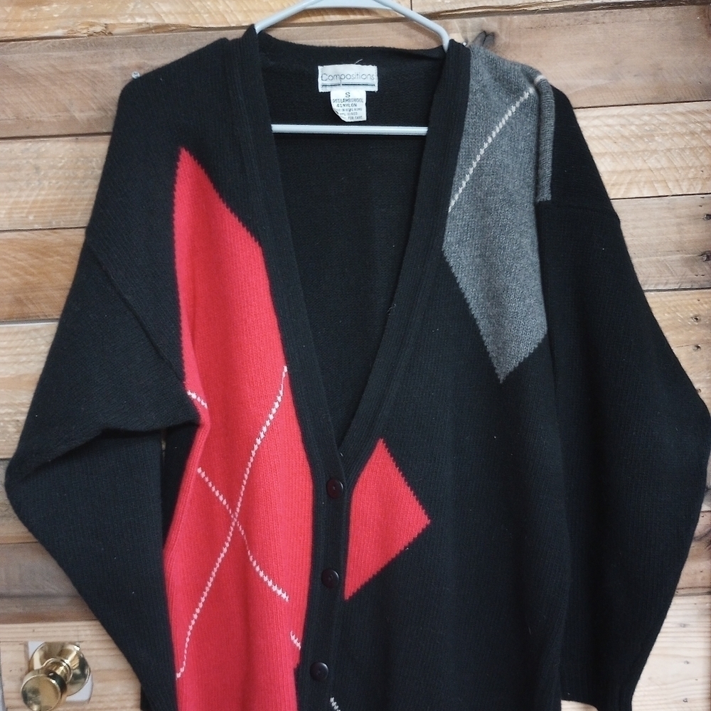 Vintage Black Argyle Diamond Style Pattern Cardigan Lambswool Blend Small *